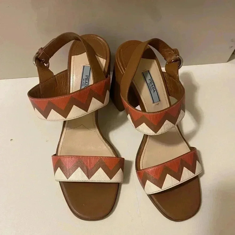 Prada Leather Colorblock Pattern Slingback brown and tan color Sandals